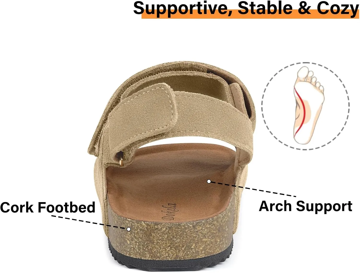 Mens Womens Cork Footbed Sandals Suede Leather Flat Sandals Arch Support Orthotic Summer Slip on Open Toe Outdoor Slide Shoes with Adjustable Double Strap & Back Strap