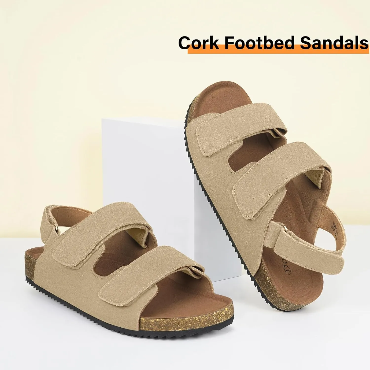 Mens Womens Cork Footbed Sandals Suede Leather Flat Sandals Arch Support Orthotic Summer Slip on Open Toe Outdoor Slide Shoes with Adjustable Double Strap & Back Strap