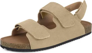 Mens Womens Cork Footbed Sandals Suede Leather Flat Sandals Arch Support Orthotic Summer Slip on Open Toe Outdoor Slide Shoes with Adjustable Double Strap & Back Strap