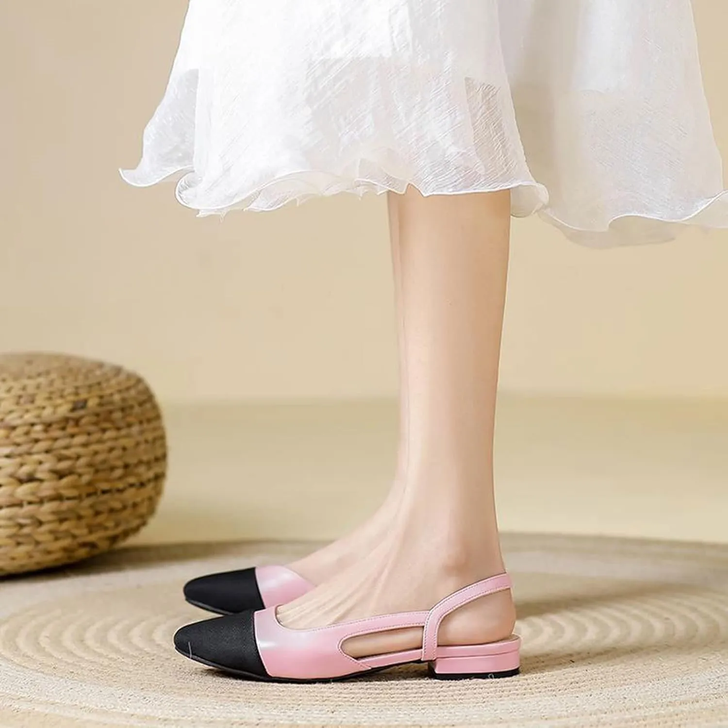 MICIFA slingback flats for women, Round Toe Low heel Sandals Fashion Splicing Dress Shoes for Women
