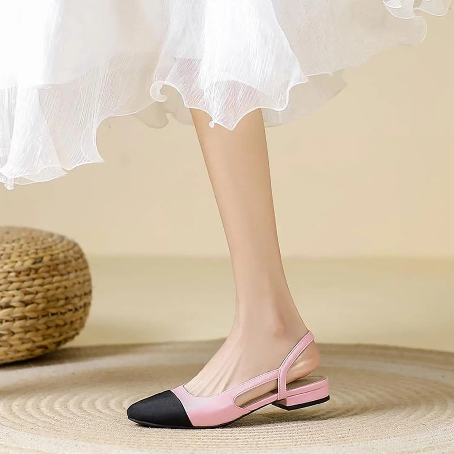 MICIFA slingback flats for women, Round Toe Low heel Sandals Fashion Splicing Dress Shoes for Women
