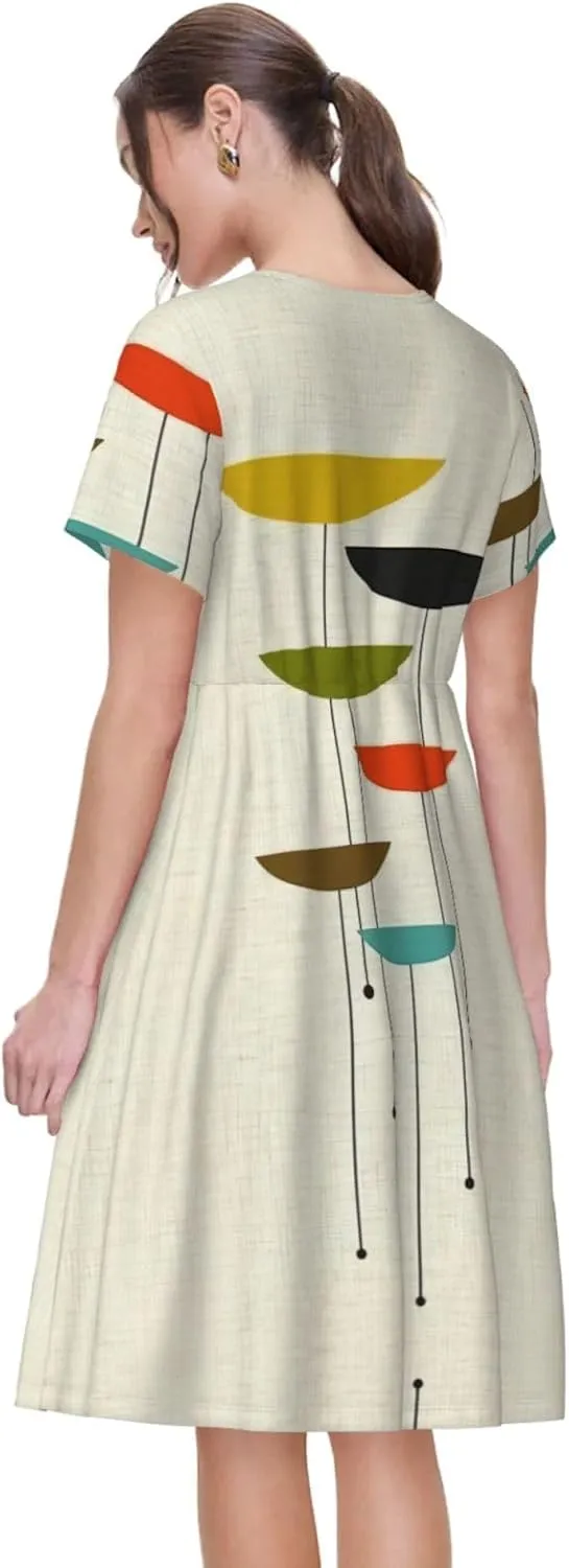 mid Century Modern Prints Print Women's Casual T Shirt Dress Swing Dresses Summer Short Sleeve with Pockets