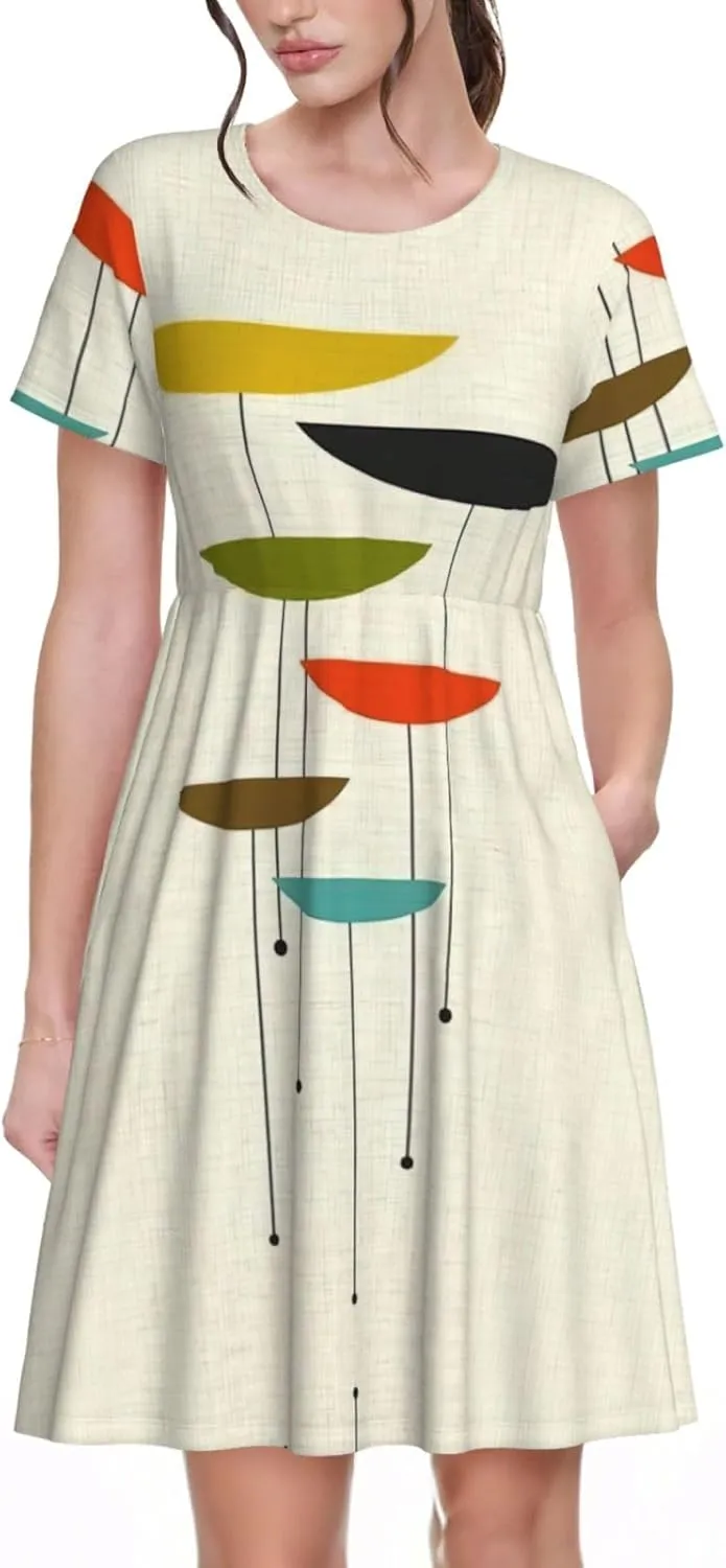 mid Century Modern Prints Print Women's Casual T Shirt Dress Swing Dresses Summer Short Sleeve with Pockets