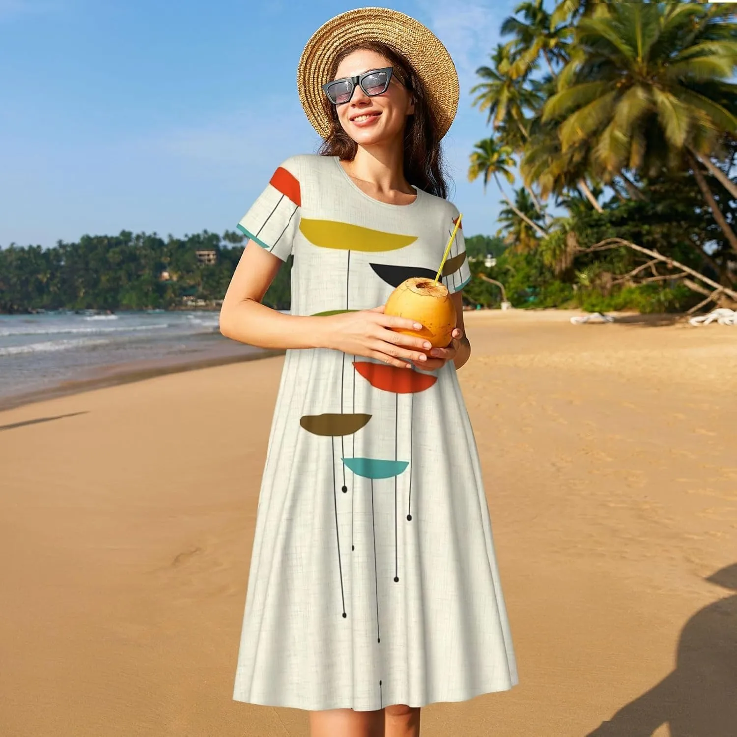 mid Century Modern Prints Print Women's Casual T Shirt Dress Swing Dresses Summer Short Sleeve with Pockets