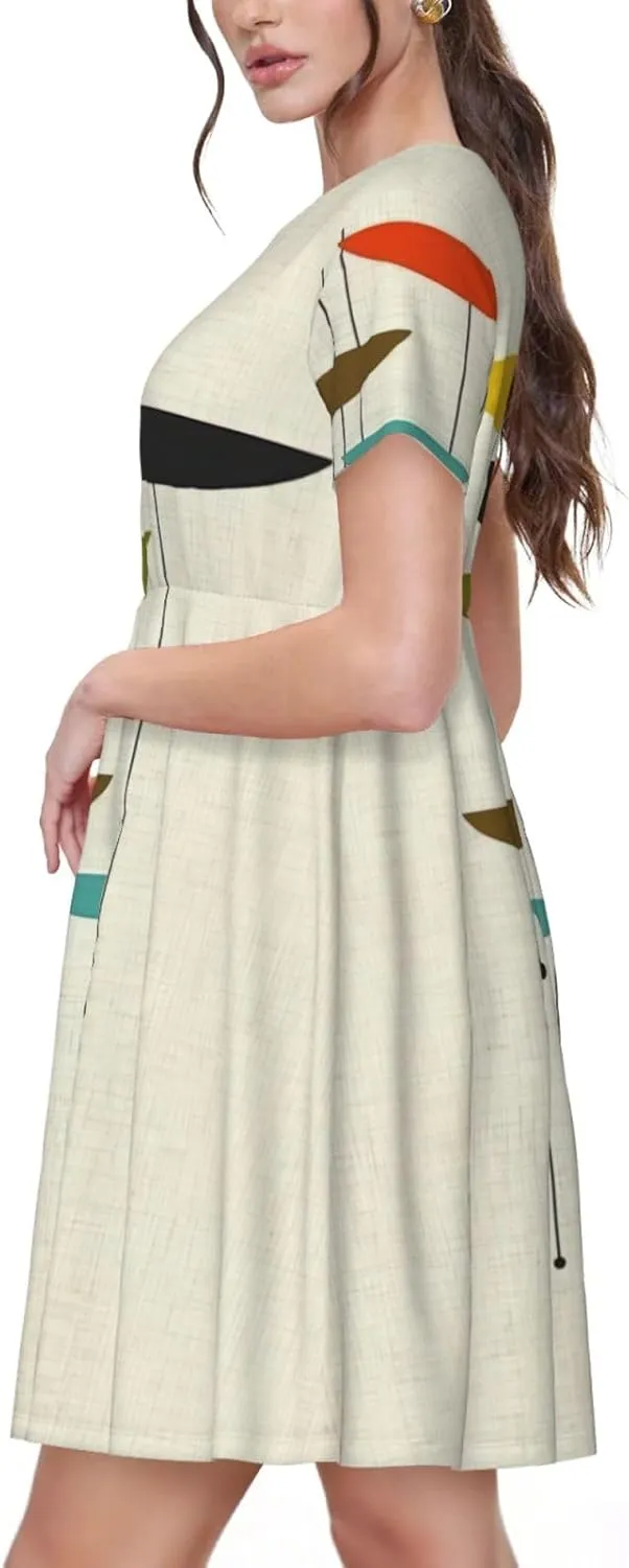 mid Century Modern Prints Print Women's Casual T Shirt Dress Swing Dresses Summer Short Sleeve with Pockets