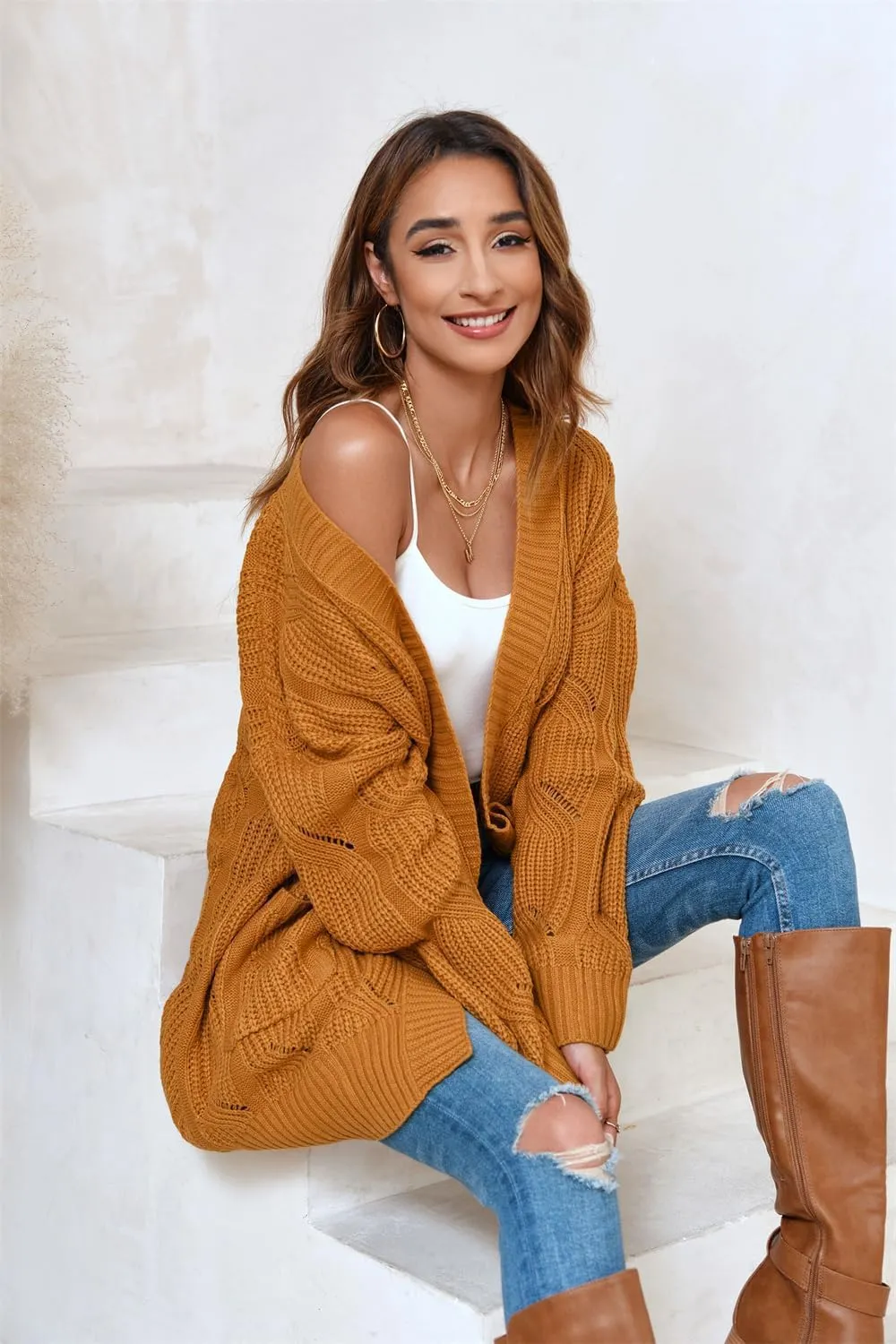 Miladusa Women's Cardigan Sweaters Long Sleeve Plus Size Solid Cable Knit Open Front Outerwear with Pockets