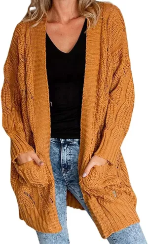 Miladusa Women's Cardigan Sweaters Long Sleeve Plus Size Solid Cable Knit Open Front Outerwear with Pockets