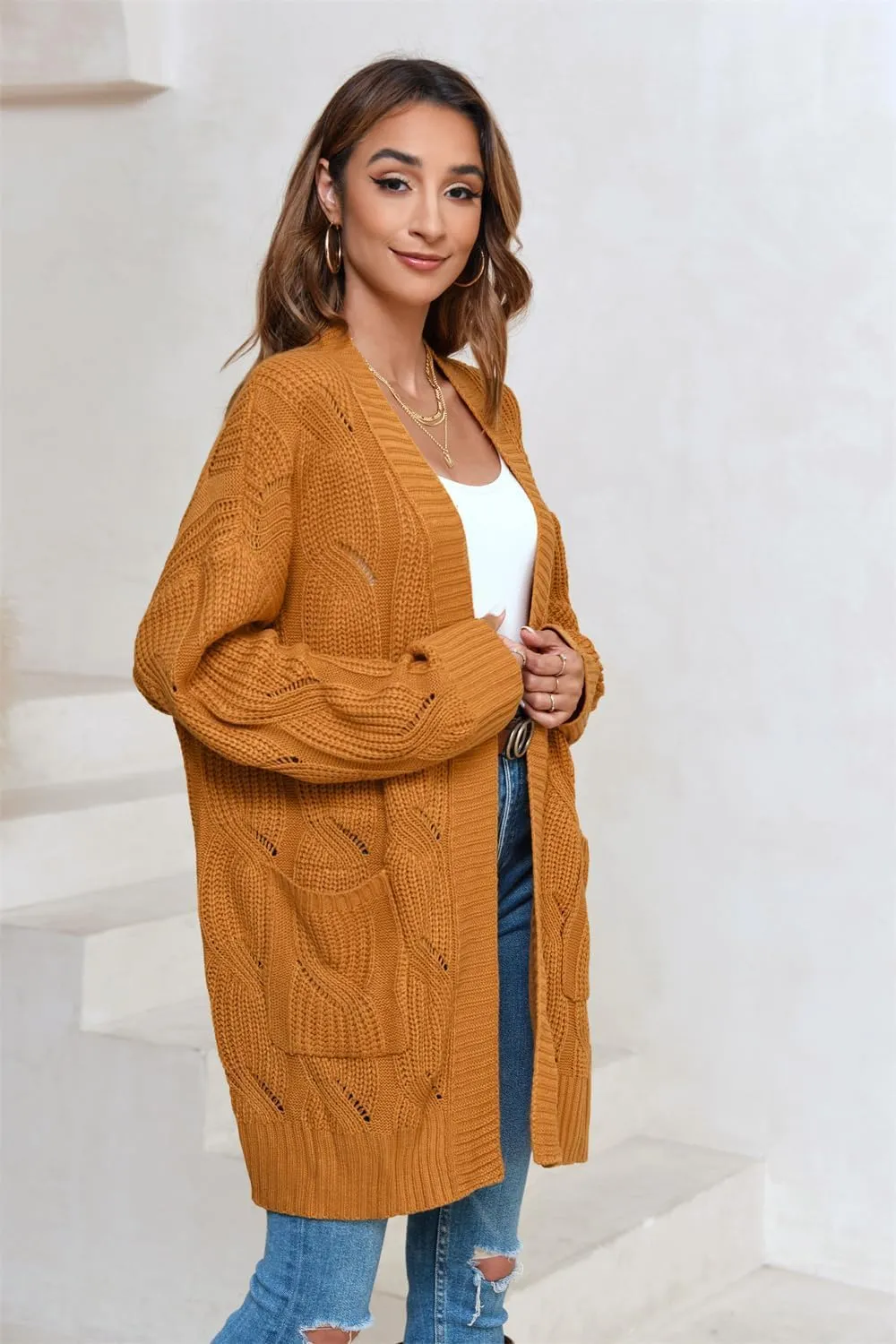 Miladusa Women's Cardigan Sweaters Long Sleeve Plus Size Solid Cable Knit Open Front Outerwear with Pockets