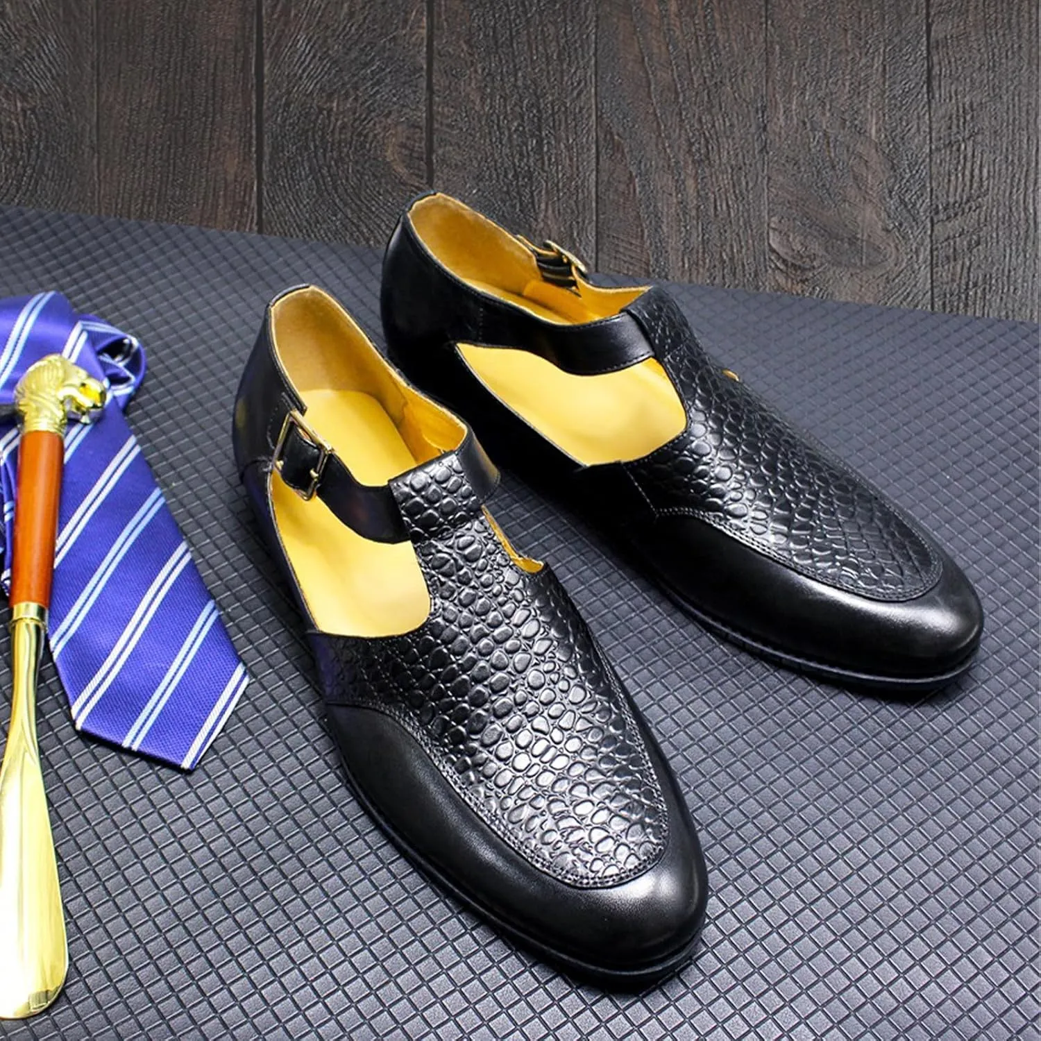 MILDSEVEN Men's Fashion Handmade Business Sandals, Large Size Crocodile Printing Brogue Summer Dress Shoes, Closed Toe Casual Beach Shoes with Buckles