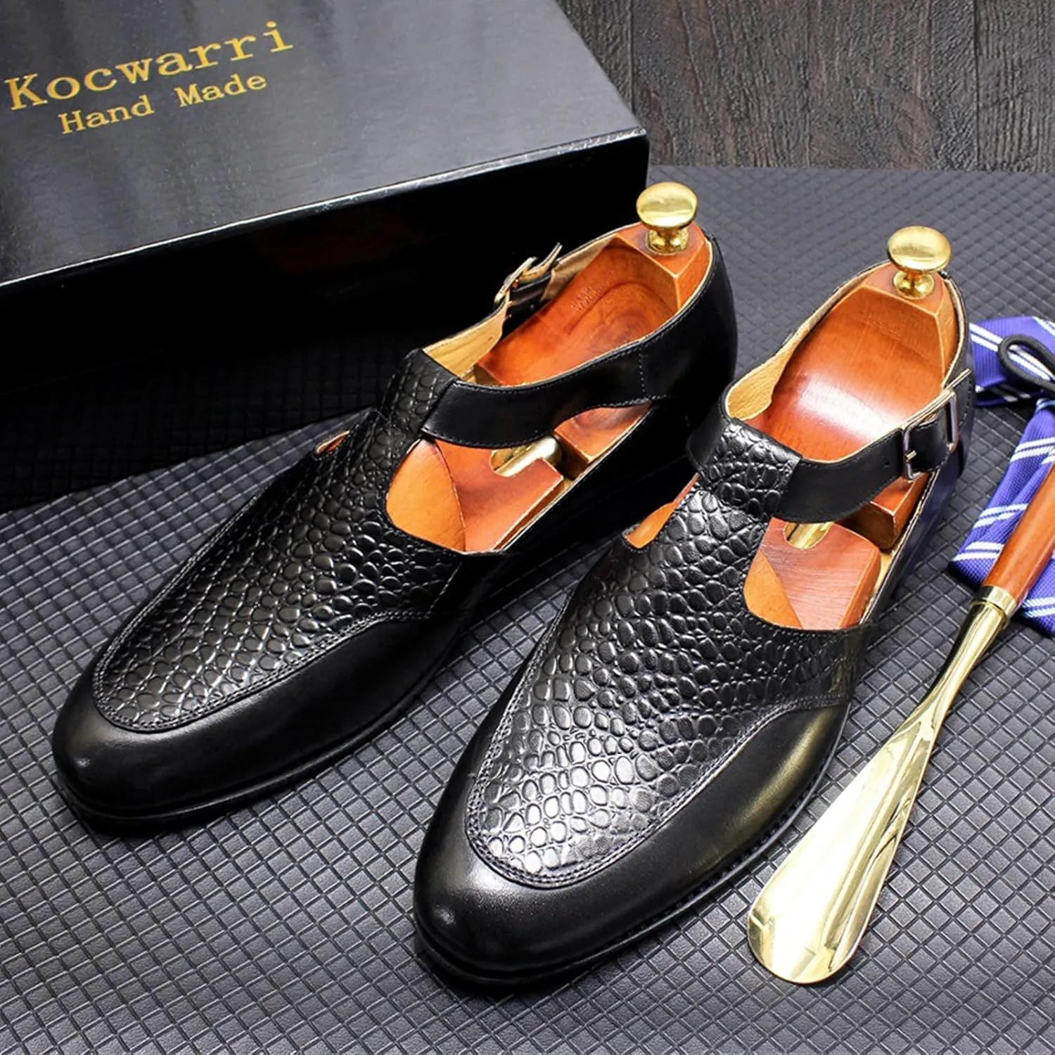 MILDSEVEN Men's Fashion Handmade Business Sandals, Large Size Crocodile Printing Brogue Summer Dress Shoes, Closed Toe Casual Beach Shoes with Buckles