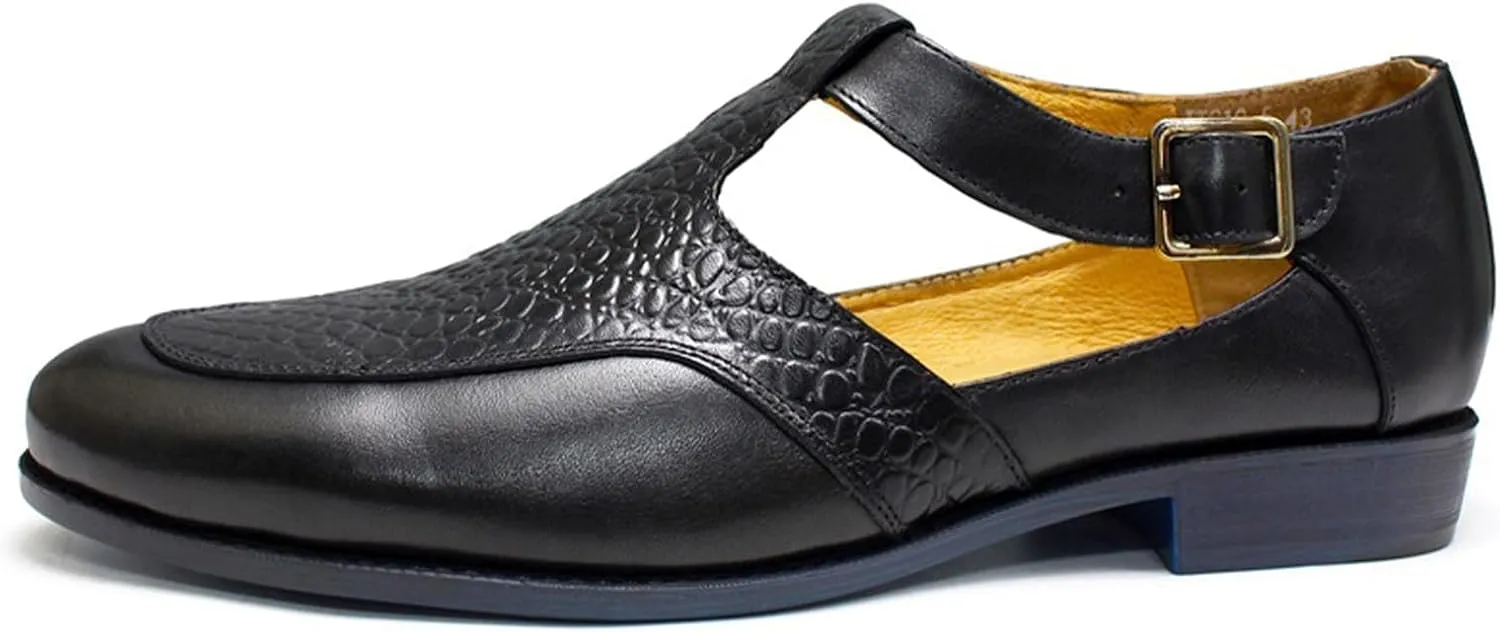 MILDSEVEN Men's Fashion Handmade Business Sandals, Large Size Crocodile Printing Brogue Summer Dress Shoes, Closed Toe Casual Beach Shoes with Buckles