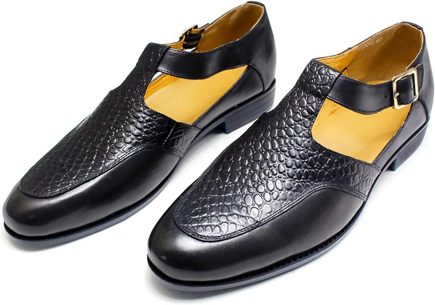 MILDSEVEN Men's Fashion Handmade Business Sandals, Large Size Crocodile Printing Brogue Summer Dress Shoes, Closed Toe Casual Beach Shoes with Buckles
