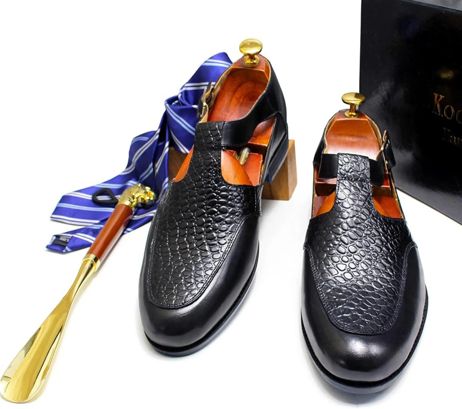 MILDSEVEN Men's Fashion Handmade Business Sandals, Large Size Crocodile Printing Brogue Summer Dress Shoes, Closed Toe Casual Beach Shoes with Buckles