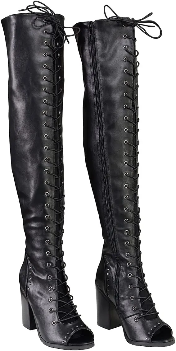 Milwaukee Leather MBL9421 Women's Black Lace-Up Knee-High Fashion Casual Boots with Open Toe