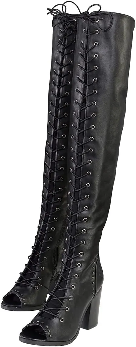 Milwaukee Leather MBL9421 Women's Black Lace-Up Knee-High Fashion Casual Boots with Open Toe