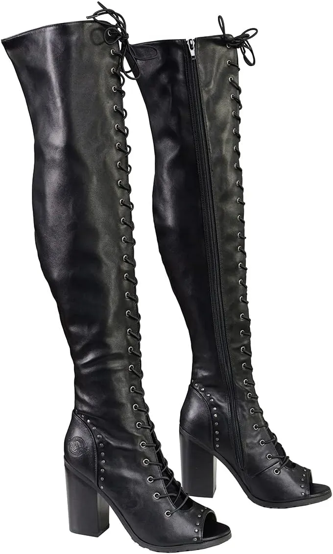 Milwaukee Leather MBL9421 Women's Black Lace-Up Knee-High Fashion Casual Boots with Open Toe