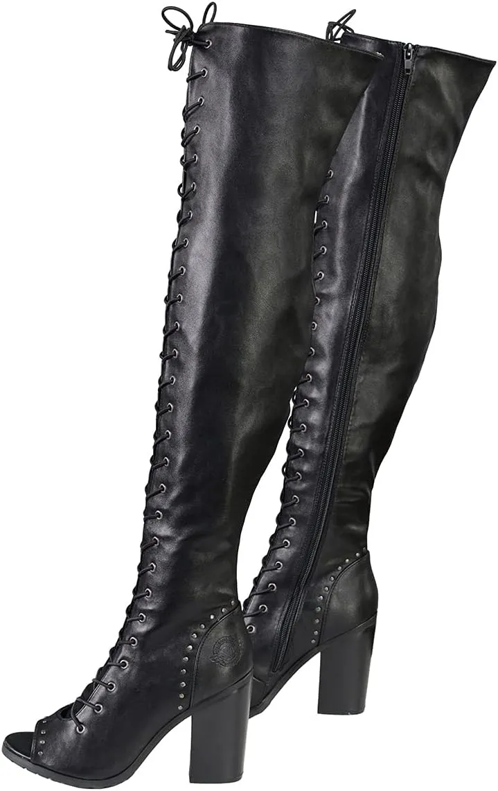 Milwaukee Leather MBL9421 Women's Black Lace-Up Knee-High Fashion Casual Boots with Open Toe
