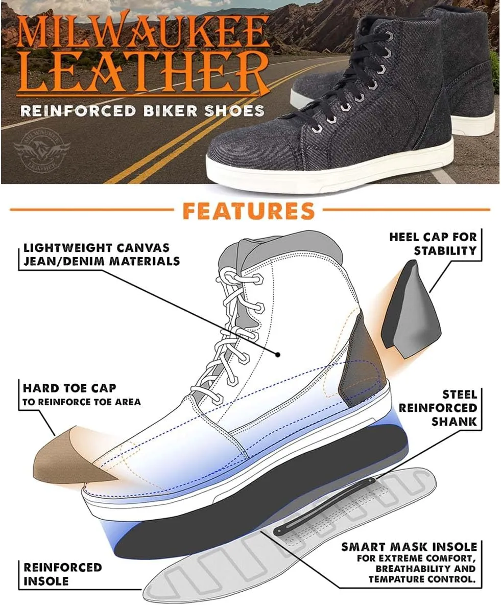 Milwaukee Leather MBM9108 Men's Black Canvas Reinforced Motorcycle Casual Street Riding Shoes w/Ankle Support - 10