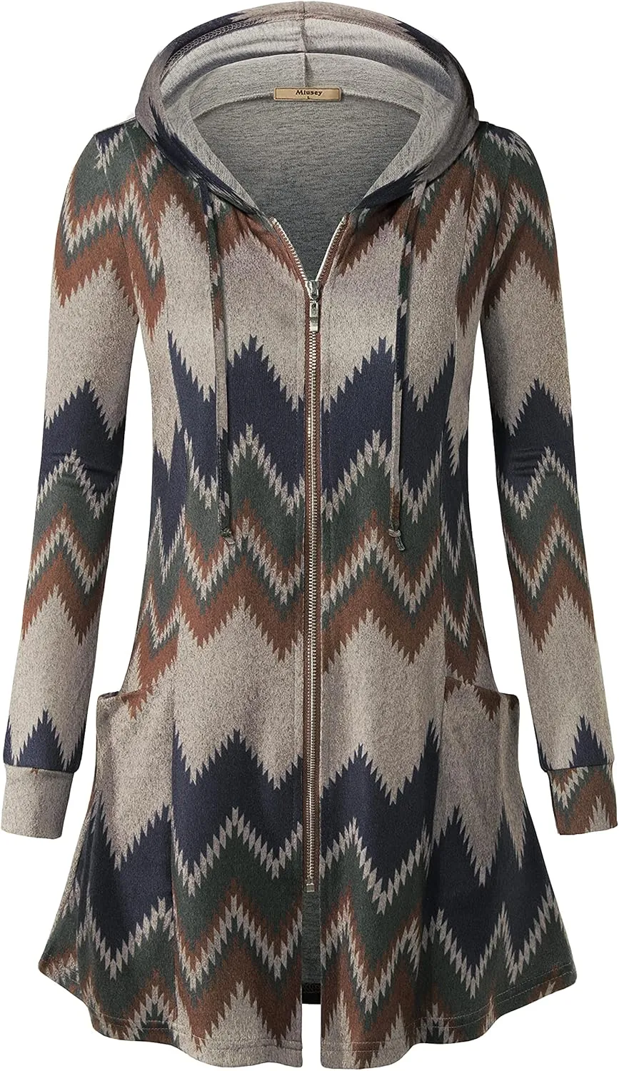 Miusey Womens Zip Up Long Hoodie Jacket Lightweight Tunic Sweatshirt Open Front Cardigan