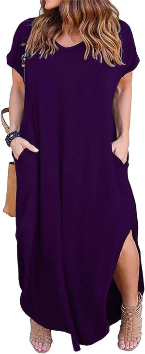 Nemidor Plus Size Maxi Dresses for Curvy Women Casual Summer Slit Loose Short Sleeve Long Dress with Pocket 14-26