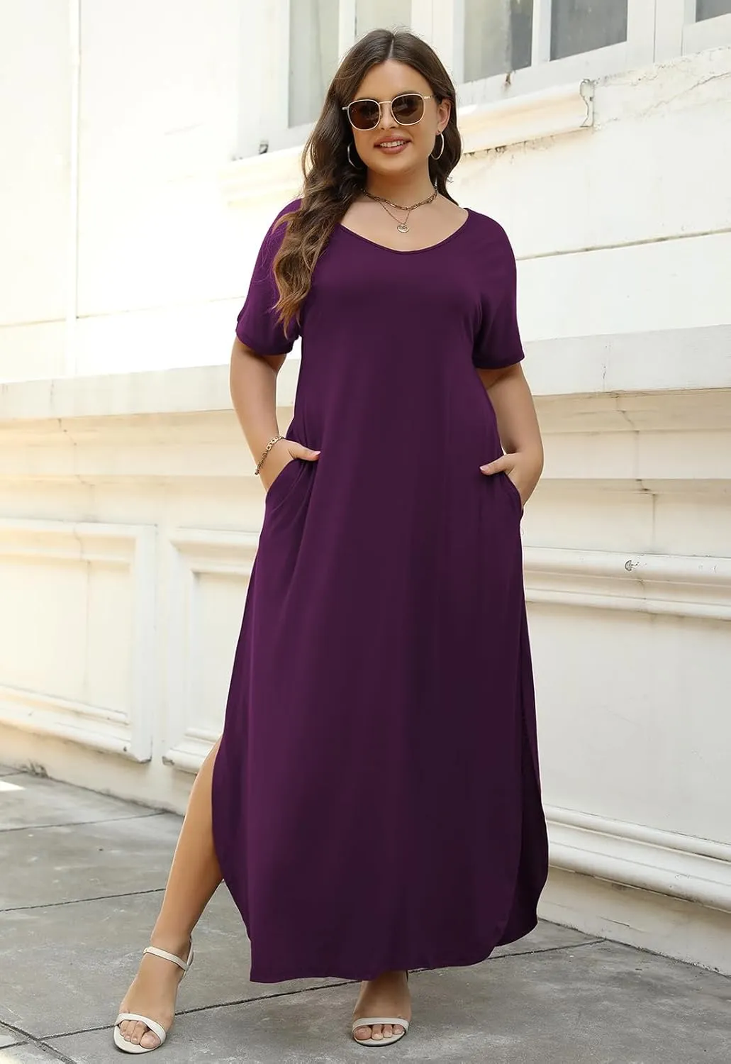 Nemidor Plus Size Maxi Dresses for Curvy Women Casual Summer Slit Loose Short Sleeve Long Dress with Pocket 14-26