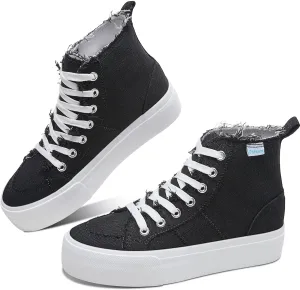 Obtaom High Top Platform Sneakers Women Mid Calf Play Canvas Shoes Washed Platform Skate Skateboard Shoe Casual Canvas Fashion Sneakers