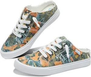 Obtaom Women Canvas Mules Memory Foam Clipper Fashion Sneakers Comfortable Slip-On Mule Backless Holiday Shoes