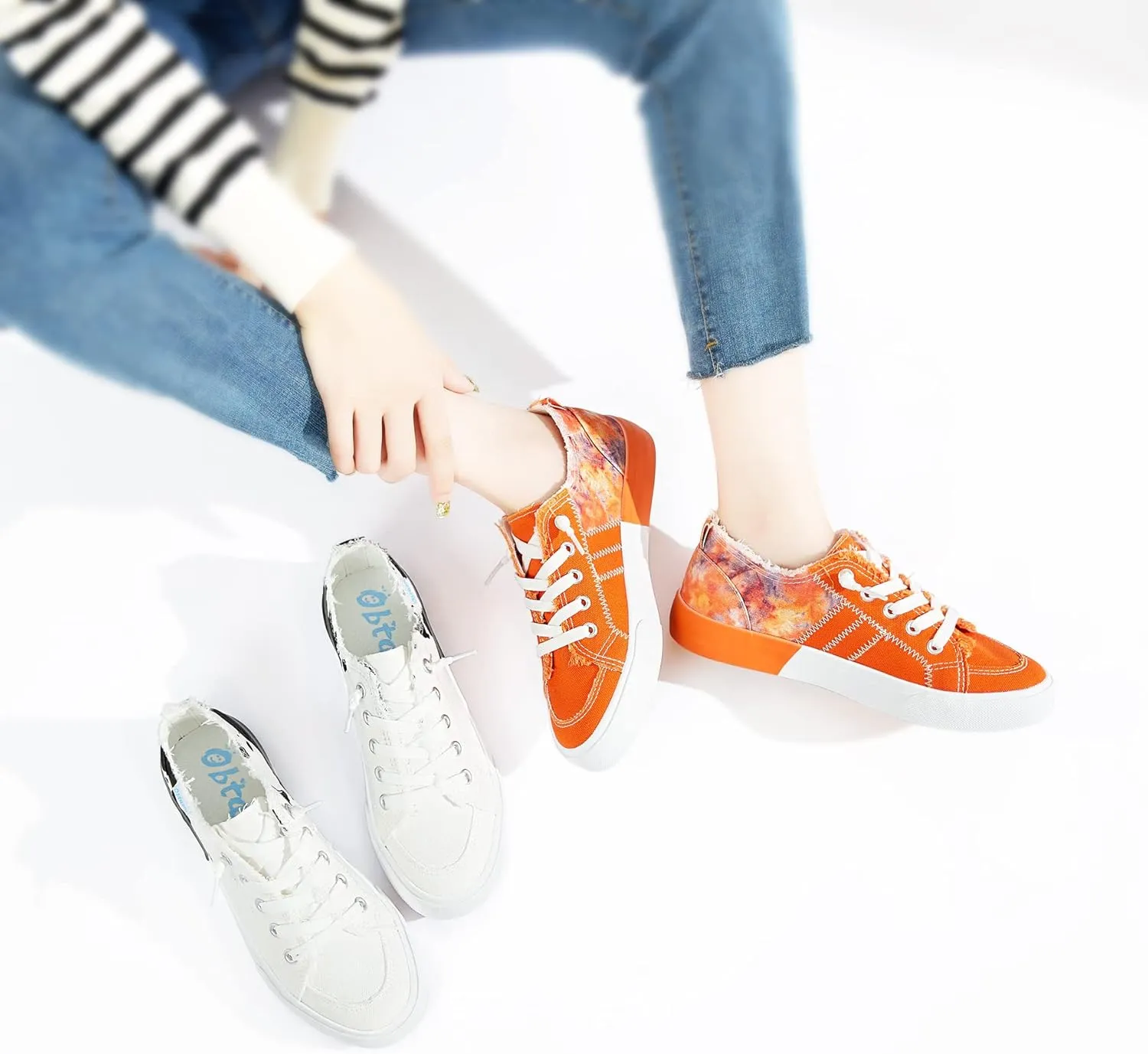 Obtaom Women's Play Fashion Sneaker White Color Washed and Leopard Canvas Slip on Shoes