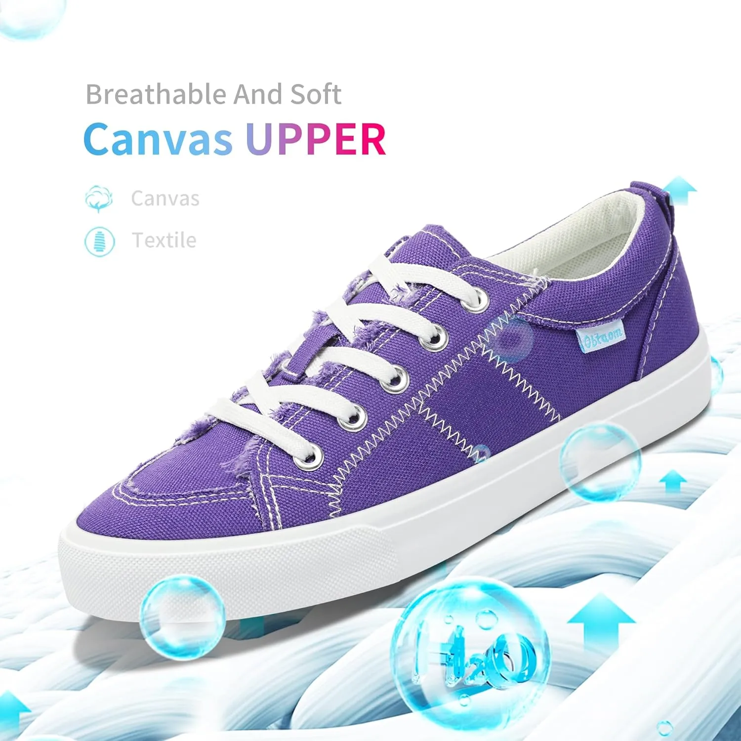 Obtaom Women's White Play Fashion Sneakers Cute Lace up Canvas Shoes Low Top Washed Canvas Flat for Lady