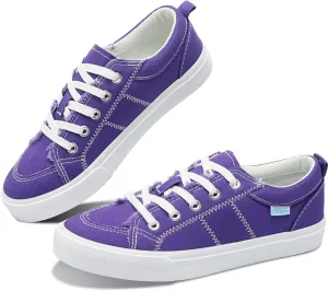 Obtaom Women's White Play Fashion Sneakers Cute Lace up Canvas Shoes Low Top Washed Canvas Flat for Lady