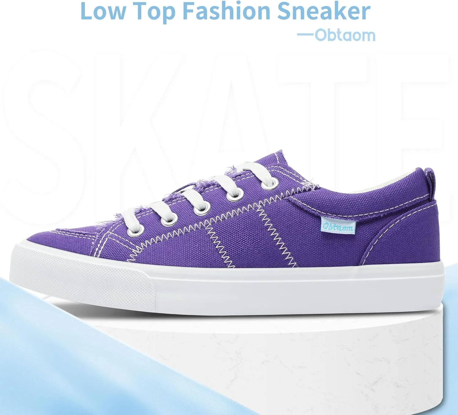 Obtaom Women's White Play Fashion Sneakers Cute Lace up Canvas Shoes Low Top Washed Canvas Flat for Lady