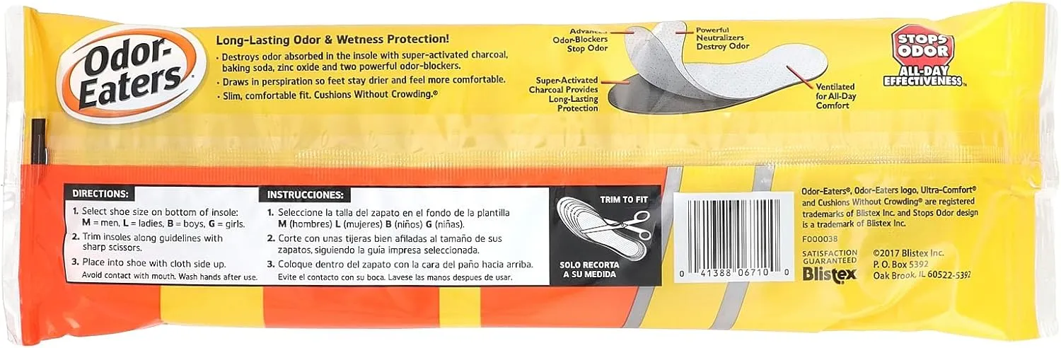 Odor-Eaters Ultra Comfort Insoles, Slim Fit with Activated Charcoal, Odor Destroying Protection, One Size Fits Most,(Pack of 3, Total 9 Pairs)