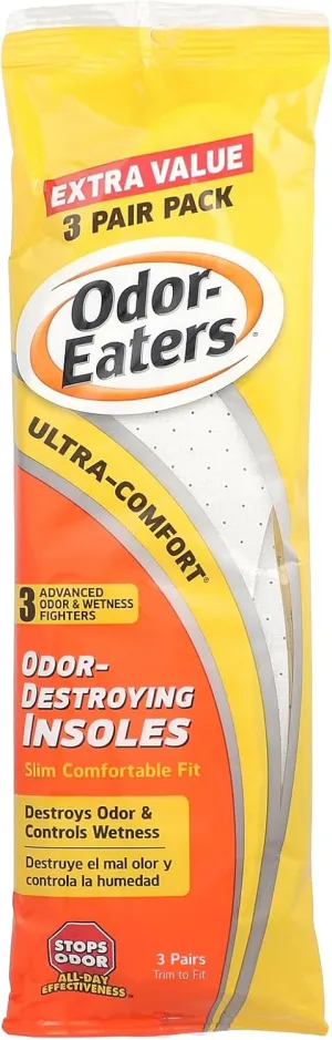 Odor-Eaters Ultra Comfort Insoles, Slim Fit with Activated Charcoal, Odor Destroying Protection, One Size Fits Most,(Pack of 3, Total 9 Pairs)