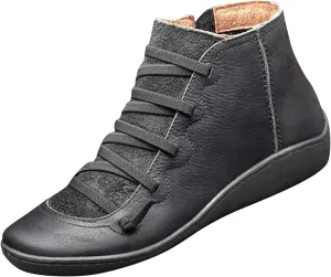 oiangi Leather Boots for Women Casual Retro Round Toe Lace-Up Flat Ankle Booties Side Zipper Plus Size Comfortable Ladies Outdoor Shoe Short Boots