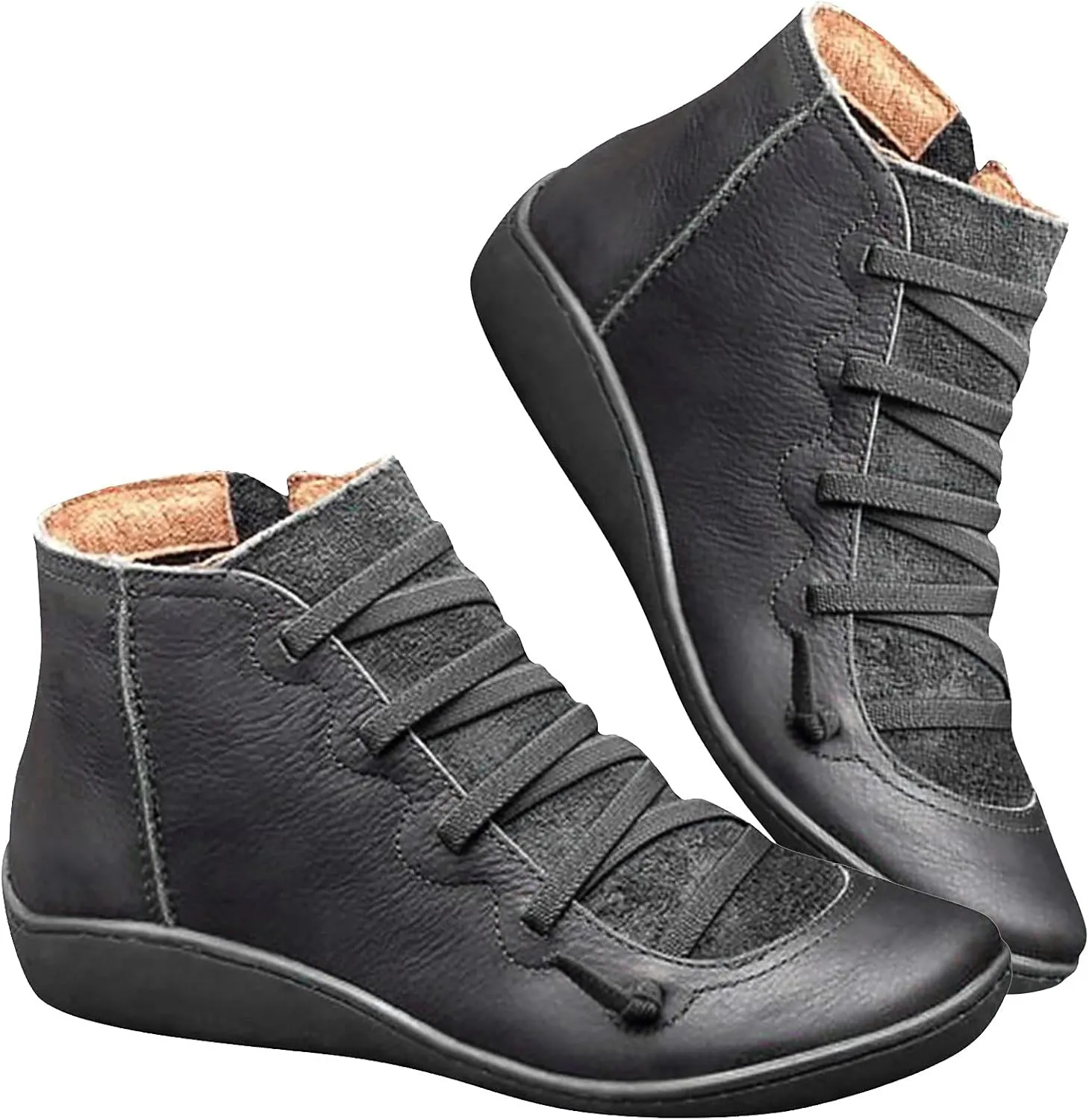 oiangi Leather Boots for Women Casual Retro Round Toe Lace-Up Flat Ankle Booties Side Zipper Plus Size Comfortable Ladies Outdoor Shoe Short Boots