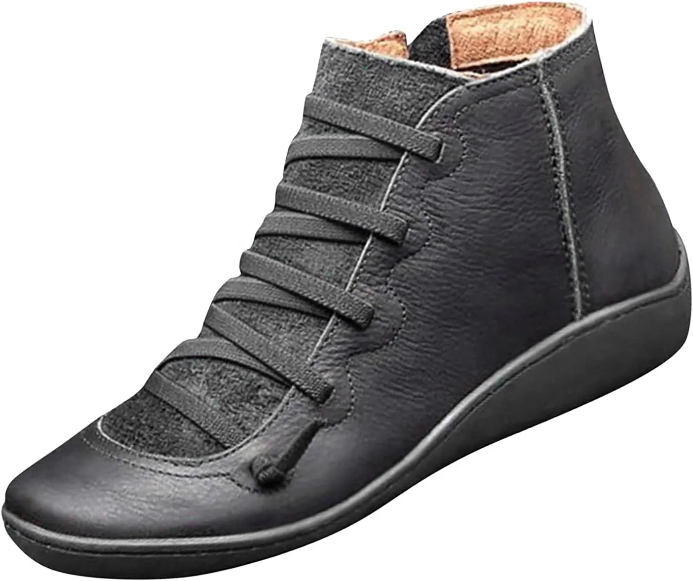oiangi Leather Boots for Women Casual Retro Round Toe Lace-Up Flat Ankle Booties Side Zipper Plus Size Comfortable Ladies Outdoor Shoe Short Boots