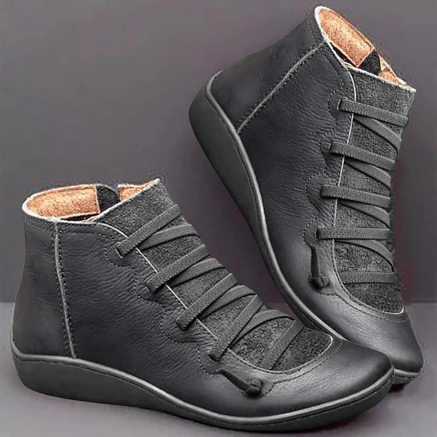 oiangi Leather Boots for Women Casual Retro Round Toe Lace-Up Flat Ankle Booties Side Zipper Plus Size Comfortable Ladies Outdoor Shoe Short Boots