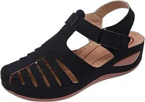 oiangi Wedge Sandals for Women Casual Summer Solid Color Hollow Closed Toe Hook and Loop Sandals Soft Comfortable Lightweight Outdoor Beach Travel Shoes