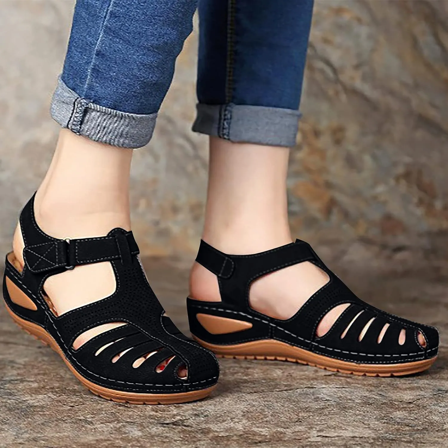 oiangi Wedge Sandals for Women Casual Summer Solid Color Hollow Closed Toe Hook and Loop Sandals Soft Comfortable Lightweight Outdoor Beach Travel Shoes