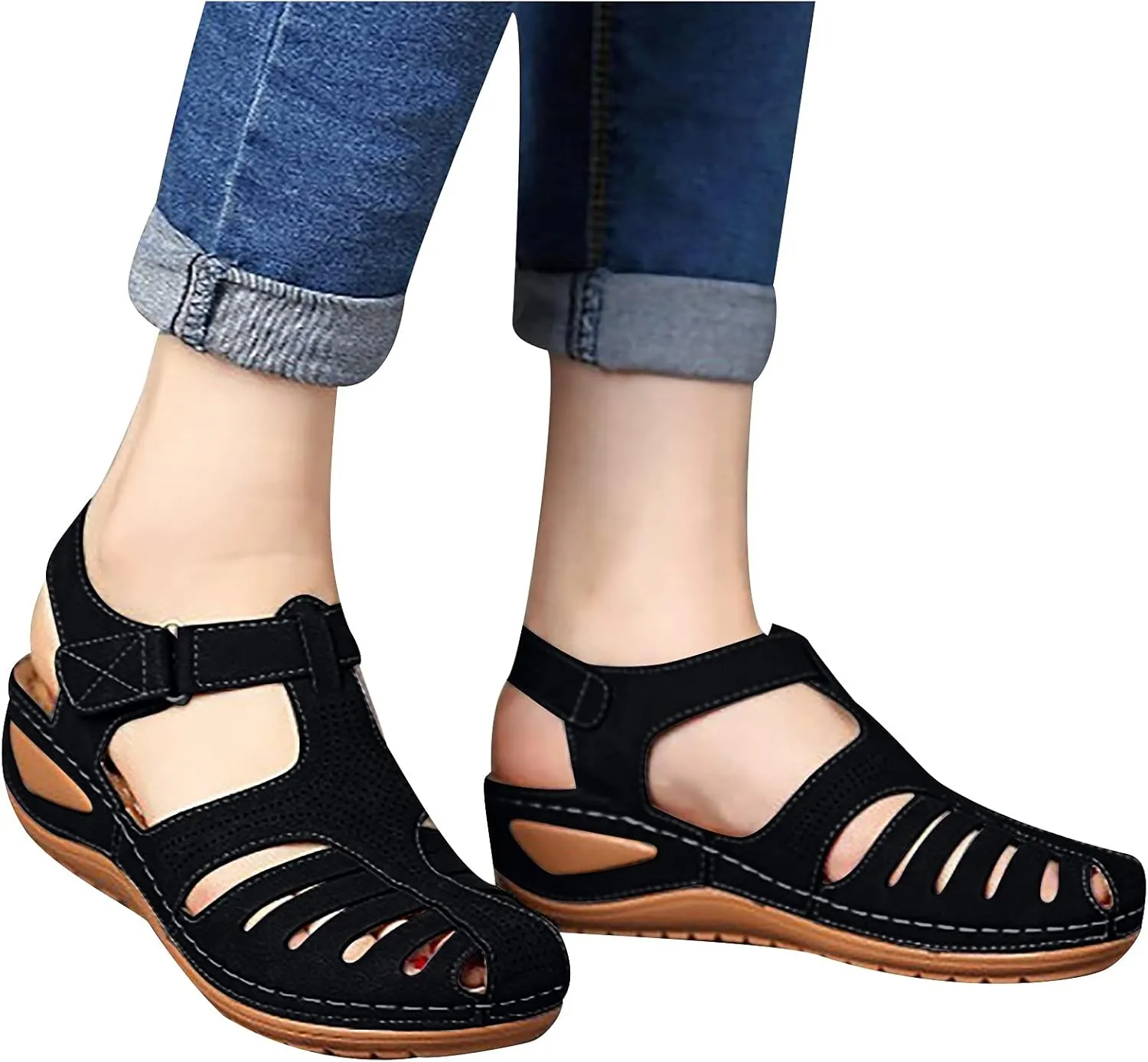 oiangi Wedge Sandals for Women Casual Summer Solid Color Hollow Closed Toe Hook and Loop Sandals Soft Comfortable Lightweight Outdoor Beach Travel Shoes