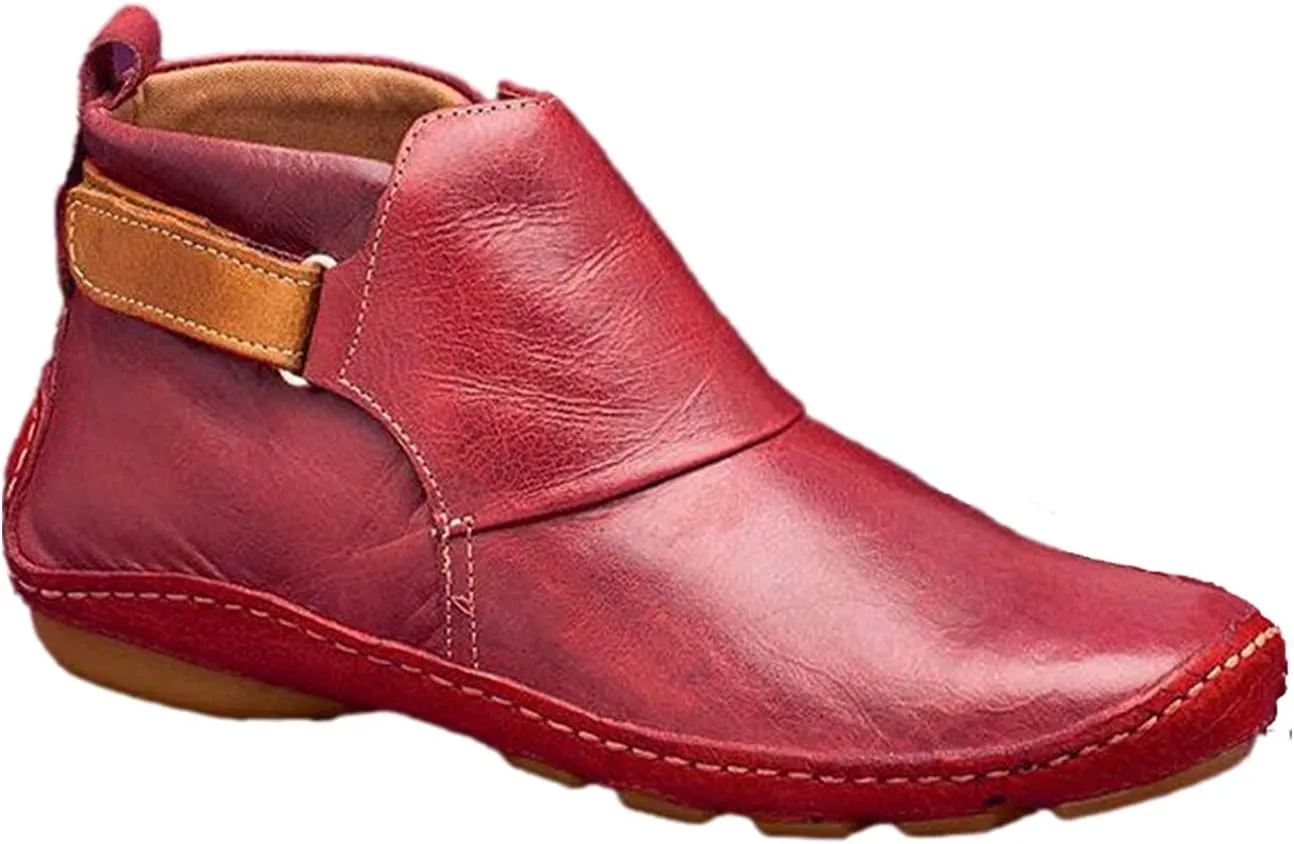 oiangi Womens Ankle Boots Fashion Buckle Strap Round Toe Low Wedge Heel Booties Retro Comfortable Casual Non-slip Riding Shoes
