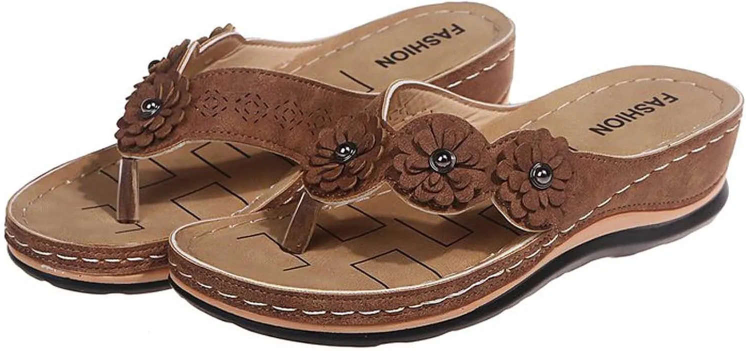 oiangi Womens Wedge Flip Flops Sandals with Arch Support Summer Comfortable Platform Bohemia Flat Shoes Casual Thong Sandal