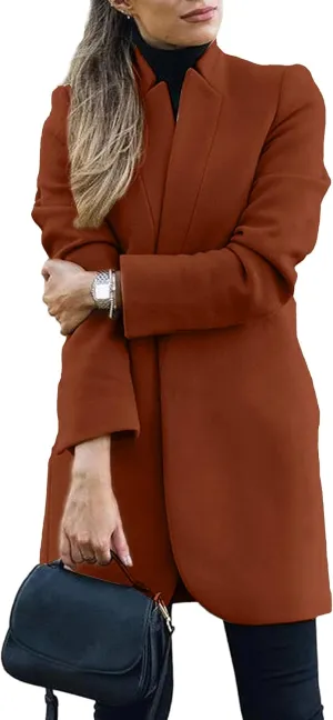 Omoone Women's Basic Stand Collar Slim Fit Jacket Pea Coat Notched Lapel Trench Coat