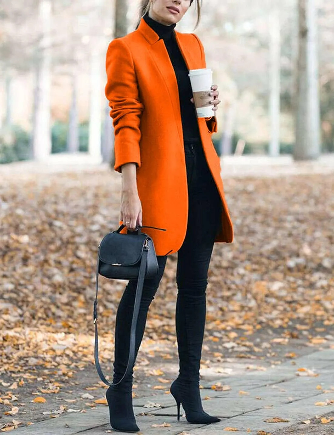 Omoone Women's Basic Stand Collar Slim Fit Jacket Pea Coat Notched Lapel Trench Coat