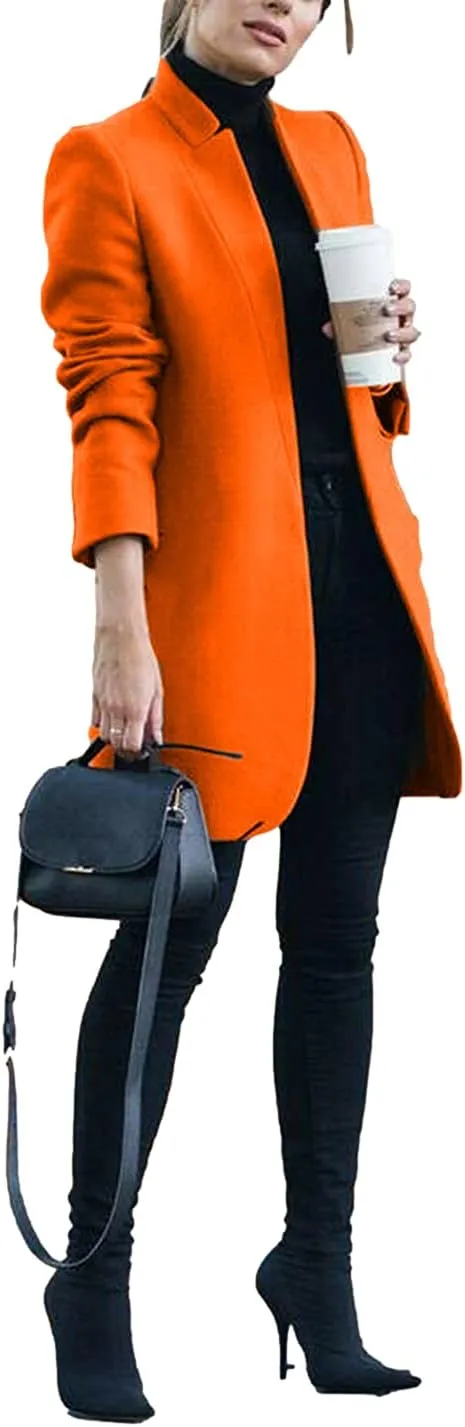 Omoone Women's Basic Stand Collar Slim Fit Jacket Pea Coat Notched Lapel Trench Coat
