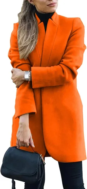 Omoone Women's Basic Stand Collar Slim Fit Jacket Pea Coat Notched Lapel Trench Coat