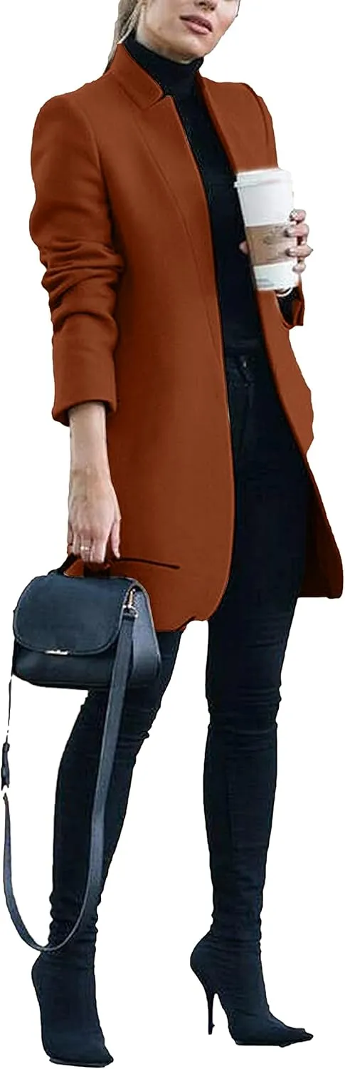 Omoone Women's Basic Stand Collar Slim Fit Jacket Pea Coat Notched Lapel Trench Coat