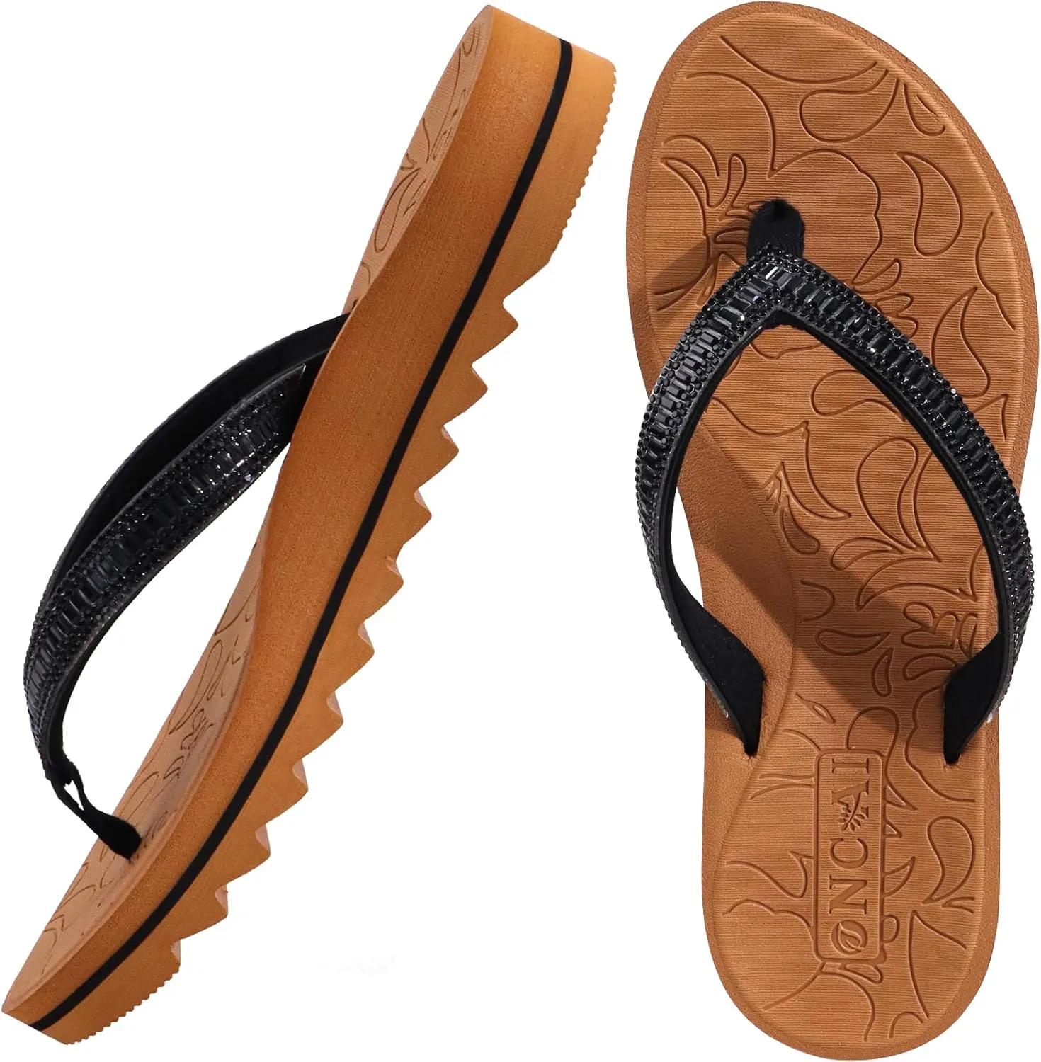 ONCAI Flip Flops for Women, Beach Thong Sandals Womens with Arch Support, Dressy Rhinestone Comfortable Yoga Mat and Non Slip Rubber Soles for Summer US Size 5-11