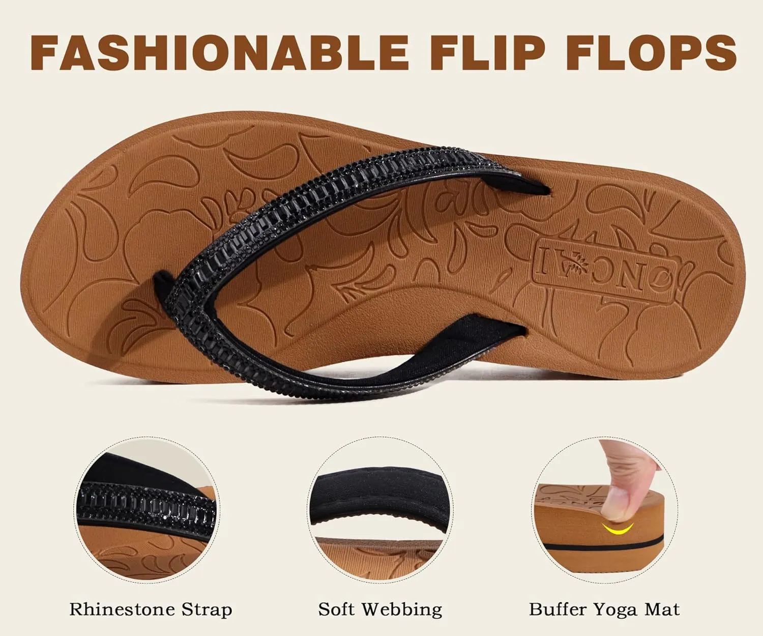 ONCAI Flip Flops for Women, Beach Thong Sandals Womens with Arch Support, Dressy Rhinestone Comfortable Yoga Mat and Non Slip Rubber Soles for Summer US Size 5-11
