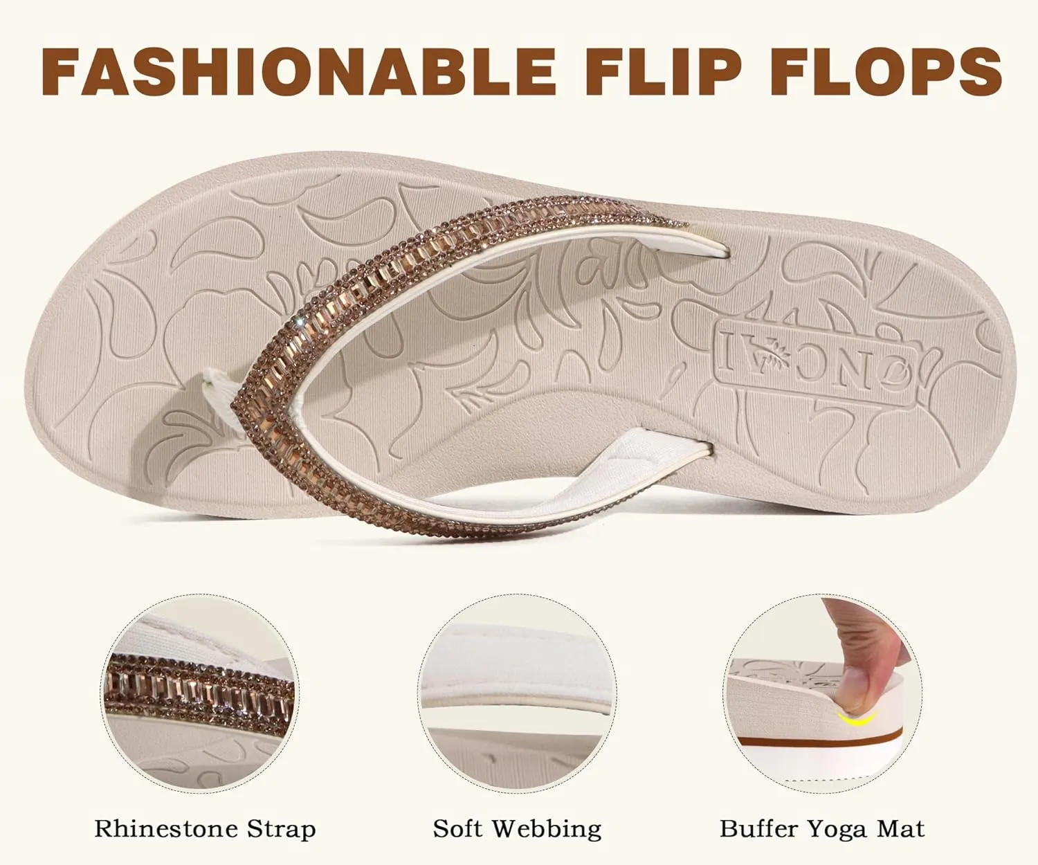 ONCAI Flip Flops for Women, Beach Thong Sandals Womens with Arch Support, Dressy Rhinestone Comfortable Yoga Mat and Non Slip Rubber Soles for Summer US Size 5-11